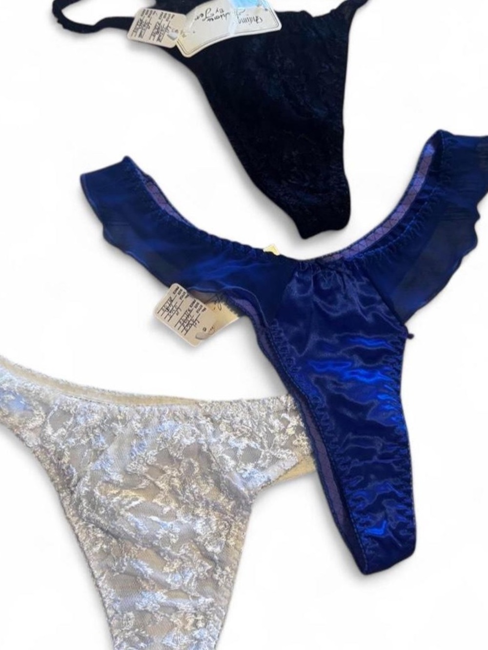 Set of 3 Satin & Lace Thong Panties - Black, Royal Blue, White